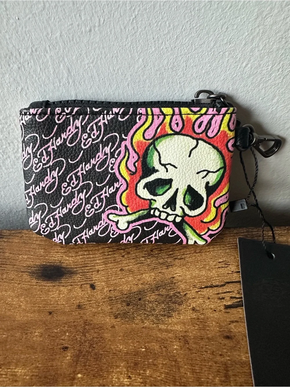 Ed Hardy Black Pink Skull Zip Pouch Wallet Bag Charm Keychain Metal Logo NWT